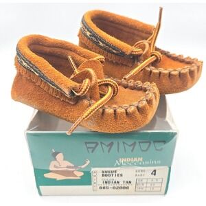 Vintage Animoc Indian Moccasins Baby Suede Booties Size 4 Tan Fringe with Box